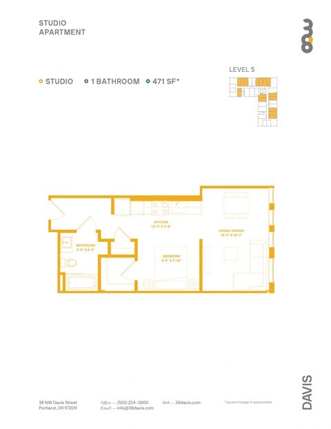 Floor plan for studio, 1 bath, 453 sqft